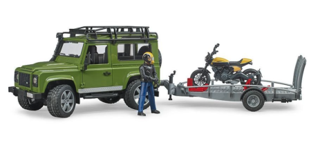 BRUDER Land Rover Defender džipas su motociklininku, priekaba ir motociklu, 02589