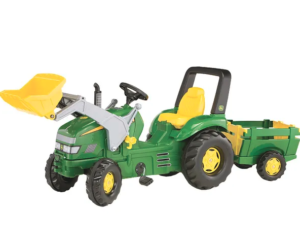 John Deere X-Trac vaikiškas minamas traktorius su priekaba ir priekiniu kašu nuo 3-10 m.