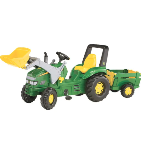 John Deere X-Trac vaikiškas minamas traktorius su priekaba ir priekiniu kašu nuo 3-10 m.