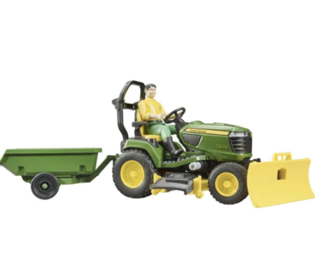BRUDER žoliapjovė John Deere vejos traktorius su priekaba ir sodininku, 62104