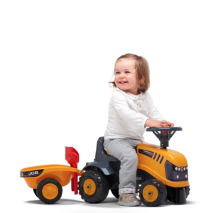 FALK vaikiškas JCB važiuojantis traktorius su priekaba, grėbliu ir kastuvu